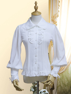 Classic Lolita Blouse Chiffon Pearl Bow Frill Lace Up White Lolita Shirt