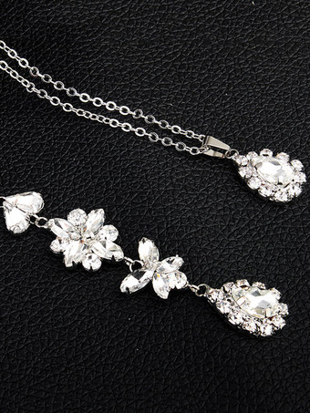 ウェディングネックレスシルバーバックドロップネックレスラインストーンビーズブライダルジュエリー