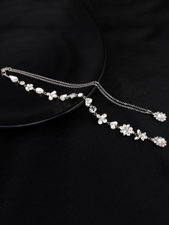 ウェディングネックレスシルバーバックドロップネックレスラインストーンビーズブライダルジュエリー