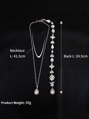 ウェディングネックレスシルバーバックドロップネックレスラインストーンビーズブライダルジュエリー