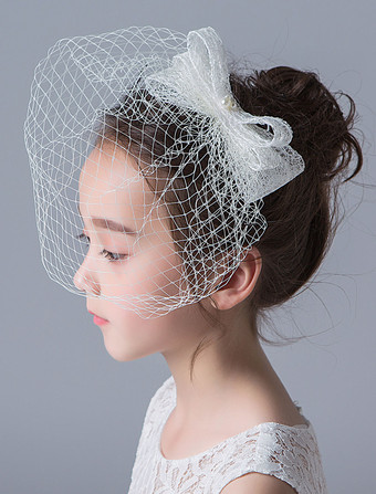 フラワーガールヘアアクセサリーヴィンテージボウブラッシャーベールアイボリーのヘッドピース