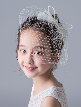フラワーガールヘアアクセサリーヴィンテージボウブラッシャーベールアイボリーのヘッドピース