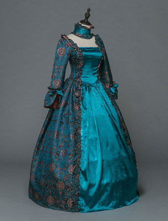 プリンセス 女性用 貴族ドレス 中世 ドレス ブルー 長袖 マットサテン サテン マルディグラ チョーカー ドレス バロック風 中世 ドレス・貴族ドレス ヨーロッパ 宮廷風 レトロ