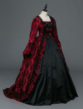 中世 ドレス 女性用 プリンセス 貴族ドレス ワインレッド 長袖 バロック風 ページェント レトロ ヨーロッパ 宮廷風 中世 ドレス・貴族ドレス バーガンディ