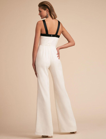 オールインワン ワイドルーズ ノースリーブ サロペット ストラップ ポリエステル ジャンプスーツ ホワイト フォーマルイブニング シック＆モダン バックレス バイカラー