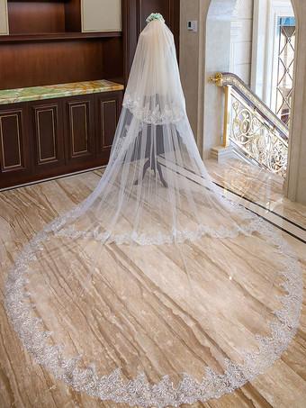 Ivory 2 Tier Long Cathedral Waterfall Lace Applique Wedding Veils –  Ballbella