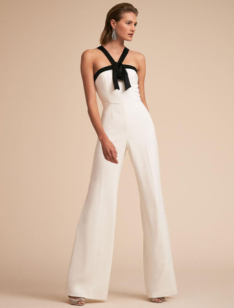 オールインワン ワイドルーズ ノースリーブ サロペット ストラップ ポリエステル ジャンプスーツ ホワイト フォーマルイブニング シック＆モダン バックレス バイカラー