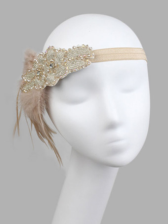 チャールストンワンピース小物　2025　フラッパーワンピースヘッドバンド　1920年代　グレート・ギャツビー　フェザー　シャンパン色　ヴィンテージ　コスチュームアクセサリーハロウィン