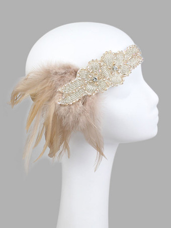 チャールストンワンピース小物　2025　フラッパーワンピースヘッドバンド　1920年代　グレート・ギャツビー　フェザー　シャンパン色　ヴィンテージ　コスチュームアクセサリーハロウィン