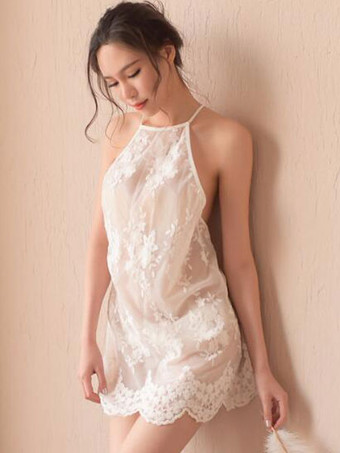 セクシーレースケミスホワイトバックレスセミシアーミニドレスパンティー
