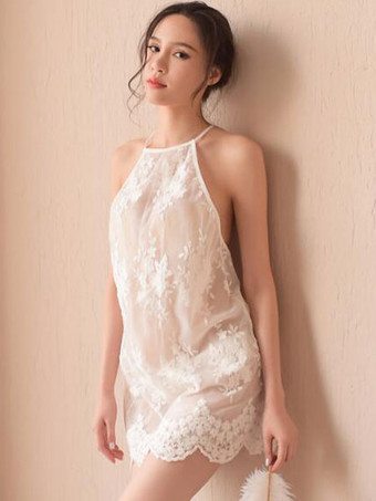 セクシーレースケミスホワイトバックレスセミシアーミニドレスパンティー