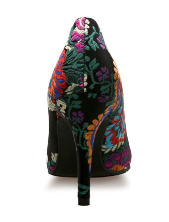 女性のハイヒールサテンローズの指先の花のプリントスリップポンプ