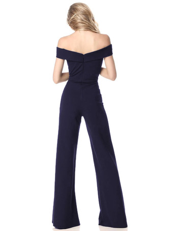 オールインワン ワイドルーズ 半袖 サロペット オフショルダー ポリエステル ジャンプスーツ レディース ダークネイビー ストリートウェア シック＆モダン 無地 マキシ 丈