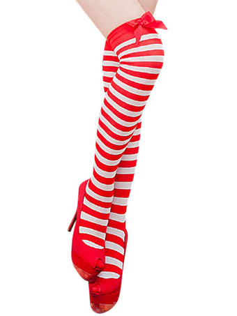 膝丈ハイソックスストライプの赤いサルーンガールストッキングフットボールの女の子の弓黒い女性ハロウィンコスチュームアクセサリー