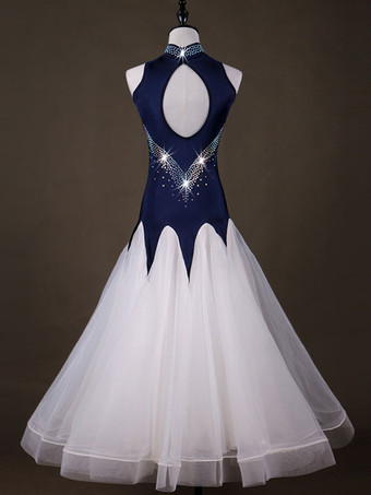 ボールルームダンスコスチュームドレス女性ロングスリーブオーガンザディープブルー練習ダンスコスチューム