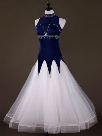 ボールルームダンスコスチュームドレス女性ロングスリーブオーガンザディープブルー練習ダンスコスチューム