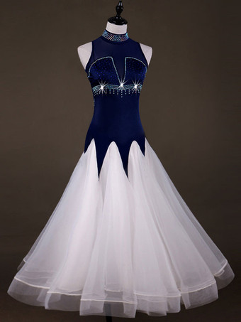 ボールルームダンスコスチュームドレス女性ロングスリーブオーガンザディープブルー練習ダンスコスチューム