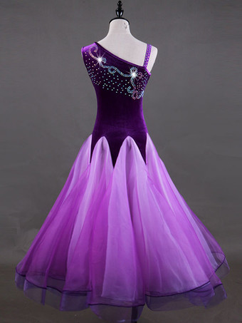 ボールルームのダンスのコスチュームドレスパープルの女性の長袖のオーガンザビーズプラクティスダンスのコスチューム