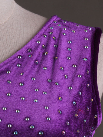 ボールルームのダンスのコスチュームドレスパープルの女性の長袖のオーガンザビーズプラクティスダンスのコスチューム