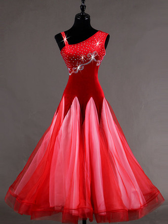 レッドボールルームのダンスのコスチュームドレスパープルの女性の長袖のオーガンザビーズプラクティスダンスのコスチューム