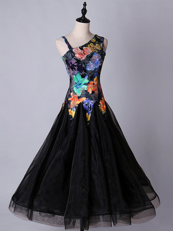 ボールルームのダンスのコスチュームドレス花の黒の女性の長袖のオーガンザの練習ダンスの衣装