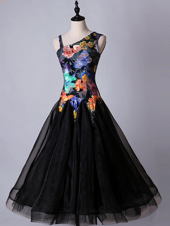 ボールルームのダンスのコスチュームドレス花の黒の女性の長袖のオーガンザの練習ダンスの衣装
