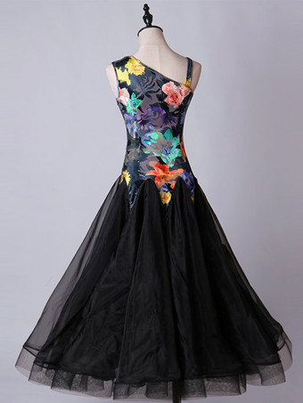 ボールルームのダンスのコスチュームドレス花の黒の女性の長袖のオーガンザの練習ダンスの衣装