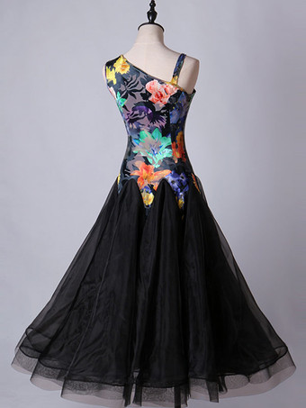 ボールルームのダンスのコスチュームドレス花の黒の女性の長袖のオーガンザの練習ダンスの衣装