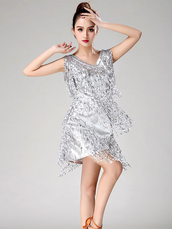 シルバー ラテンダンス衣装 グリーン ダンス 衣装 コスチューム 社交ダンス 女性用 パフォーマンス コスチューム ラテンダンサー 無地 ライクラ・スパンデックス 大人用