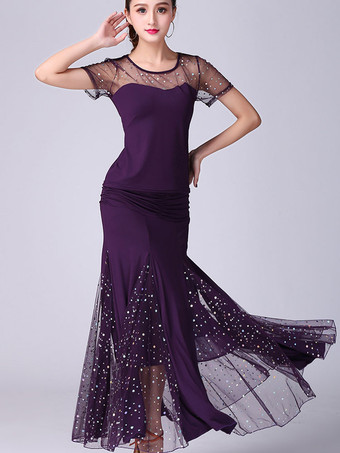 パープル ボールルームダンスコスチューム赤トップとスカートセット女性半袖ビーズダンスの服