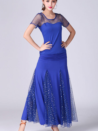 ロイヤルブルーボールルームダンスコスチューム赤トップとスカートセット女性半袖ビーズダンスの服