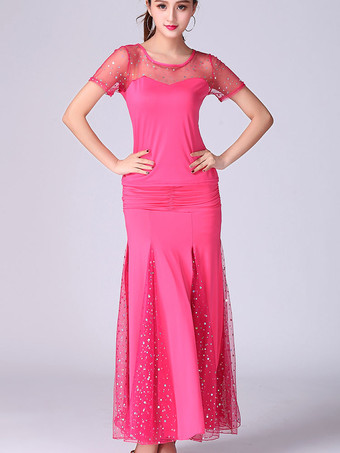 ローズレッドボールルームダンスコスチューム赤トップとスカートセット女性半袖ビーズダンスの服