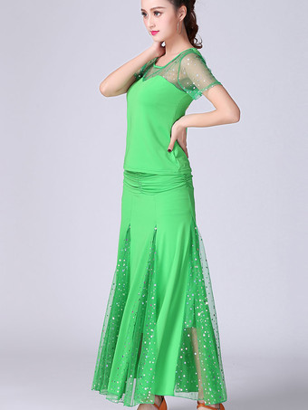 グリーン ボールルームダンスコスチューム赤トップとスカートセット女性半袖ビーズダンスの服