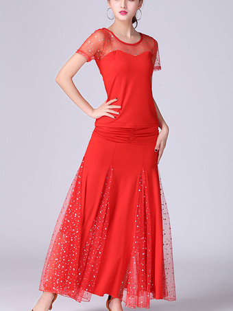 レッドボールルームダンスコスチューム赤トップとスカートセット女性半袖ビーズダンスの服