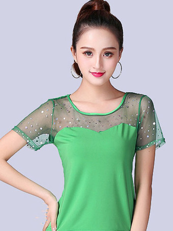 グリーン ボールルームダンスコスチュームトップブラックショートスリーブイリュージョンビーズトレーニングTシャツダンス服