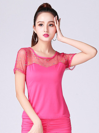 ローズレッドボールルームダンスコスチュームトップブラックショートスリーブイリュージョンビーズトレーニングTシャツダンス服