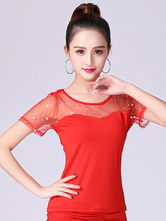 レッドボールルームダンスコスチュームトップブラックショートスリーブイリュージョンビーズトレーニングTシャツダンス服