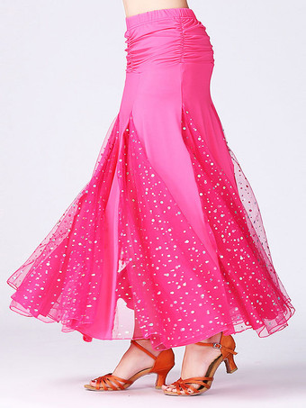 ローズレッドボールルームダンスコスチュームスカートブラックビーズ付きシャーリングトレーニングダンスボトムス