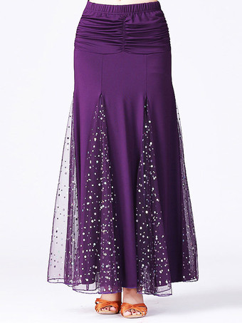 パープル ボールルームダンスコスチュームスカートブラックビーズ付きシャーリングトレーニングダンスボトムス