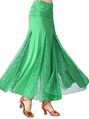 グリーン ボールルームダンスコスチュームスカートブラックビーズ付きシャーリングトレーニングダンスボトムス