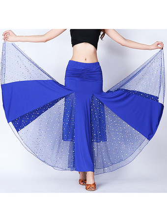 ロイヤルブルーボールルームダンスコスチュームスカートブラックビーズ付きシャーリングトレーニングダンスボトムス