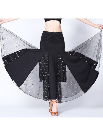 ブラック ボールルームダンスコスチュームスカートブラックビーズ付きシャーリングトレーニングダンスボトムス