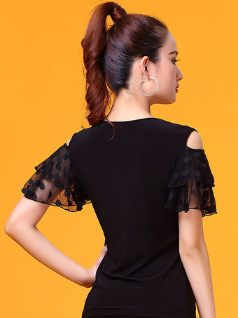 ボールルームダンスコスチュームトップブラック女性ベルスリーブトレーニングTシャツダンス服