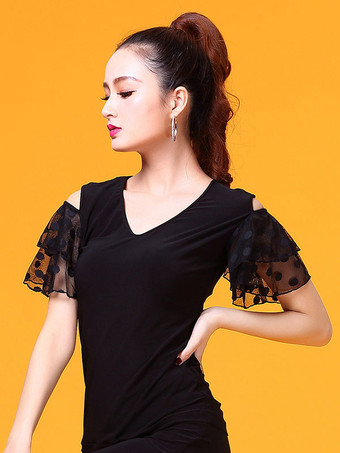 ボールルームダンスコスチュームトップブラック女性ベルスリーブトレーニングTシャツダンス服
