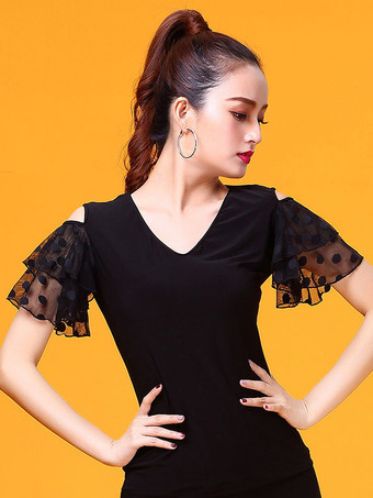 ブラック ボールルームダンスコスチュームトップブラック女性ベルスリーブトレーニングTシャツダンス服