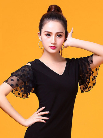 ボールルームダンスコスチュームトップブラック女性ベルスリーブトレーニングTシャツダンス服