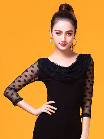 ボールルームダンスコスチュームトップ黒の女性ロングスリーブポーラードットカウルネックトレーニングダンス服