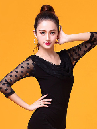 ボールルームダンスコスチュームトップ黒の女性ロングスリーブポーラードットカウルネックトレーニングダンス服