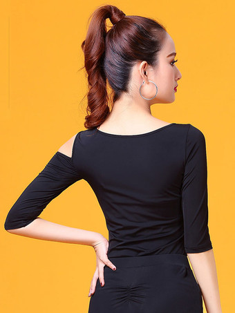 ボールルームダンスコスチューム黒トップ半袖コールドショルダーTシャツトレーニングダンス服