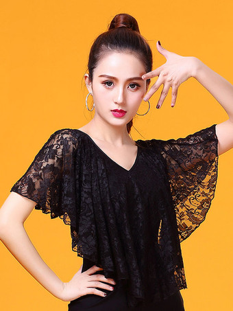 ボールルームダンスコスチュームレースポンチョトップ黒女性Vネックトレーニングダンス服